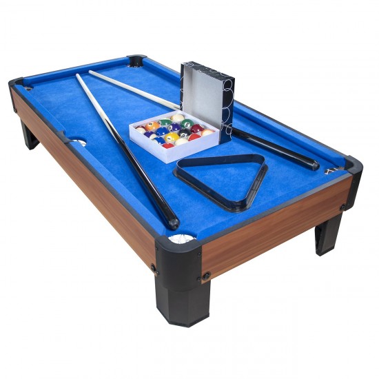 Jeux Soldes JT2D Billard de table avec accessoires - Kit Billard Compact de bureau ou salle de jeu, 102 x 51 x 22.5 cm - Marron et Tapis Bleu
